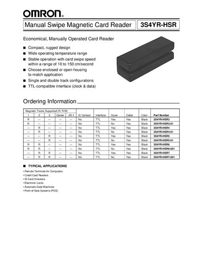 Omron 3S4YR-HSR Swipe Magnetic Card Reader Manual - cover page