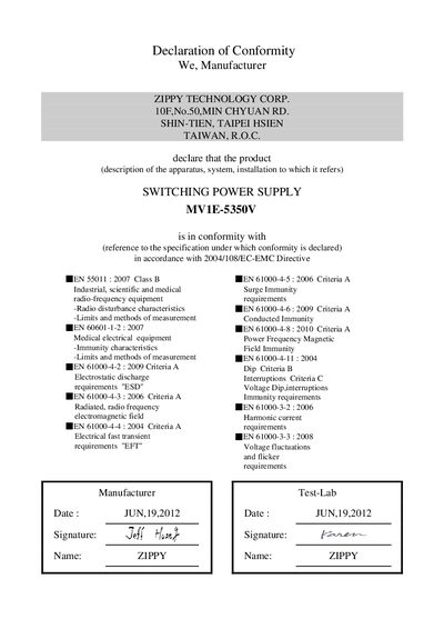 Zippy MV1E-5350V Switching Power Supply Test Report