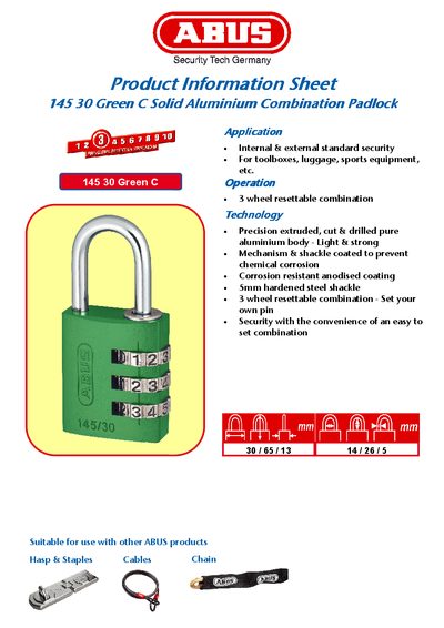 ABUS 145 30 Green C Combination Padlock Product Information Sheet - cover page