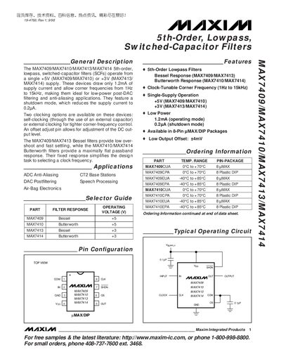 Maxim MAX7409/MAX7410/MAX7413/MAX7414 5th-Order Lowpass Switched-Capacitor Filters Datasheet - cover page