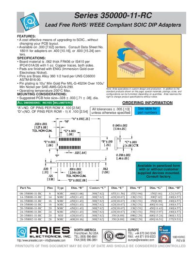 Aries 350000-11-RC SOIC DIP Adapter Specifications - cover page