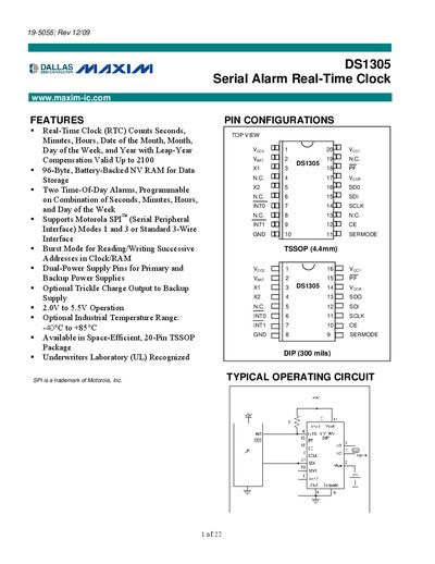 Maxim DS1305 Serial Alarm Real-Time Clock Datasheet - cover page