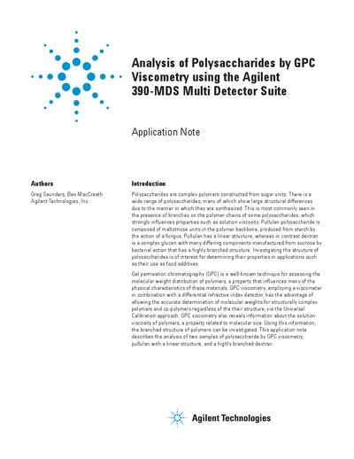 Analysis of Polysaccharides by GPC Viscometry using the Agilent 390-MDS Multi Detector Suite Application Note - cover page