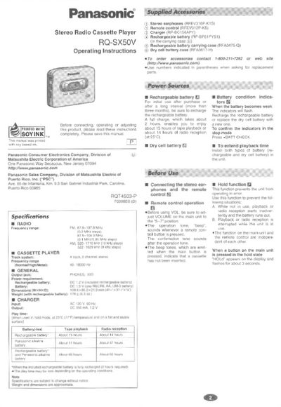 Panasonic RQ-SX50V Stereo Radio Cassette Player Operating Instructions - cover page
