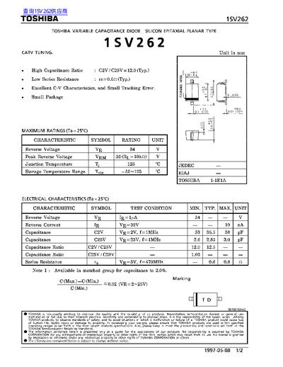 Toshiba 1SV262 Variable Capacitance Diode Datasheet - cover page