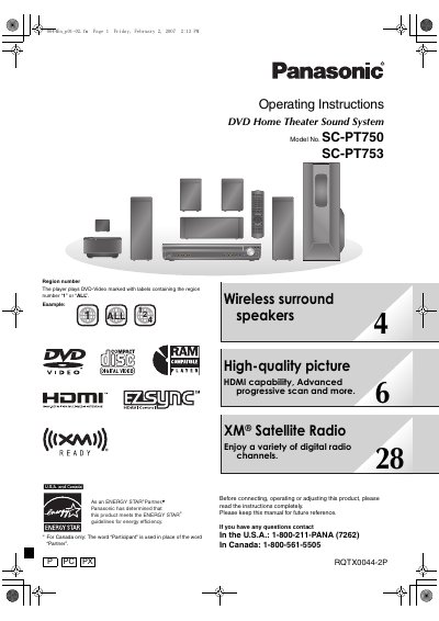 Panasonic SC-PT750/SC-PT753 DVD Home Theater Sound System Operating Instructions - cover page