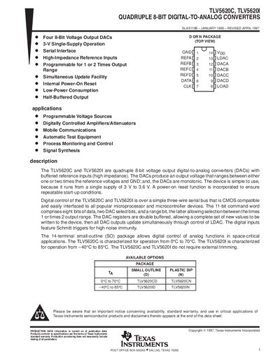 TEXAS INSTRUMENTS TLV5620C/TLV5620I QUADRUPLE 8-BIT DIGITAL-TO-ANALOG CONVERTERS Manual - cover page