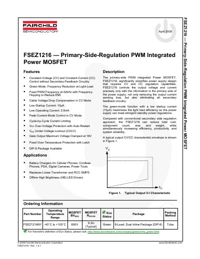 Fairchild FSEZ1216 Primary-Side-Regulation PWM Integrated Power MOSFET Datasheet
