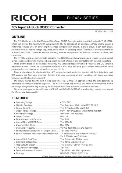 Ricoh R1243x Series 30V Input 2A Buck DC/DC Converter Datasheet