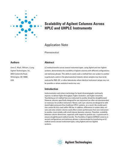 Scalability of Agilent Columns Across HPLC and UHPLC Instruments Application Note - cover page