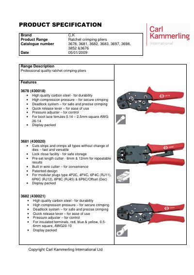 C.K Ratchet Crimping Pliers 3678‑3681‑3682‑3683‑3697‑3698‑3852‑3676 Product Specification - cover page