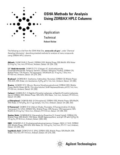 Agilent ZORBAX HPLC Columns OSHA Methods Application Note - cover page