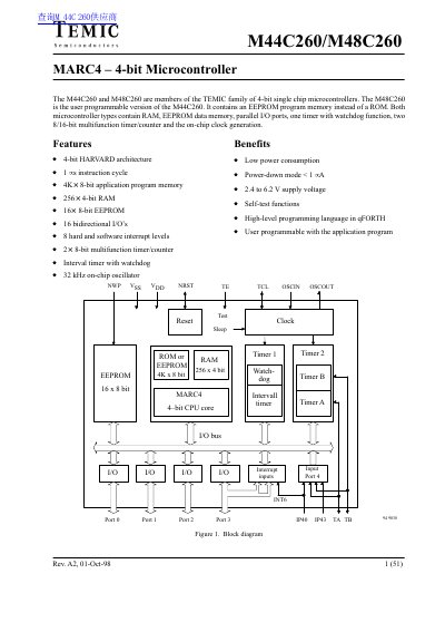 TEMIC M44C260/M48C260 MARC4 Microcontroller Datasheet - cover page