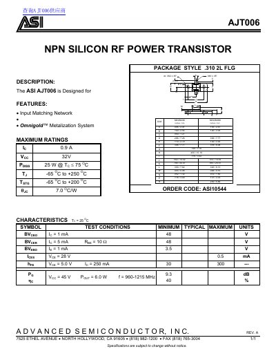 Advanced Semiconductor AJT006 NPN Silicon RF Power Transistor Datasheet - cover page