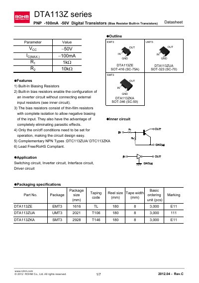 ROHM DTA113ZE series handbook - cover page