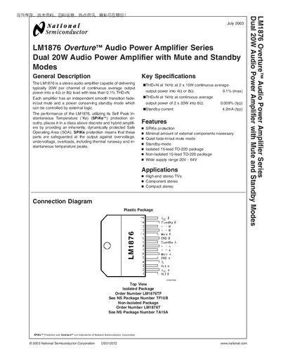 National Semiconductor LM1876 Overture Audio Power Amplifier Series Datasheet