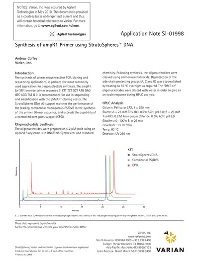 Agilent S!-01998 Synthesis of ampR1 Primer using StratoSpheres DNA Application Note - cover page