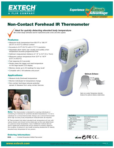 EXTECH IR200 Non-Contact Forehead IR Thermometer Datasheet - cover page