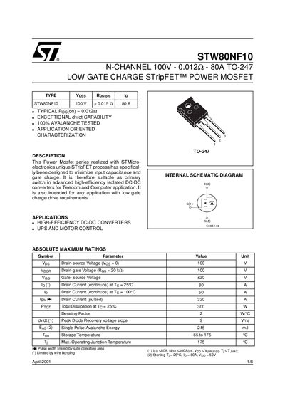 STMicroelectronics STW80NF10 Power MOSFET Datasheet - cover page