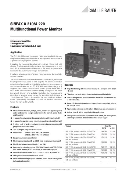 Camille Bauer A210/A220 Multifunctional Power Monitor Datasheet - cover page