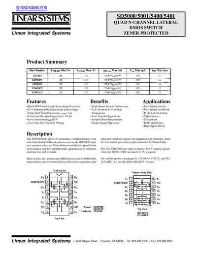 LINEAR SYSTEMS SD5000/5001/5400/5401 QUAD N-CHANNEL LATERAL DMOS SWITCH ZENER PROTECTED - cover page