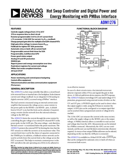 Analog Devices ADM1276 Hot Swap Controller Datasheet - cover page
