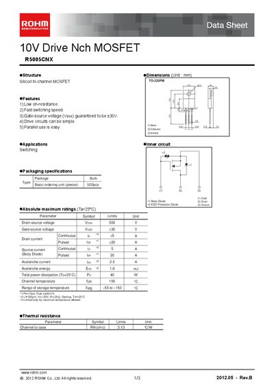 ROHM R5005CNX N‑Channel MOSFET Datasheet - cover page