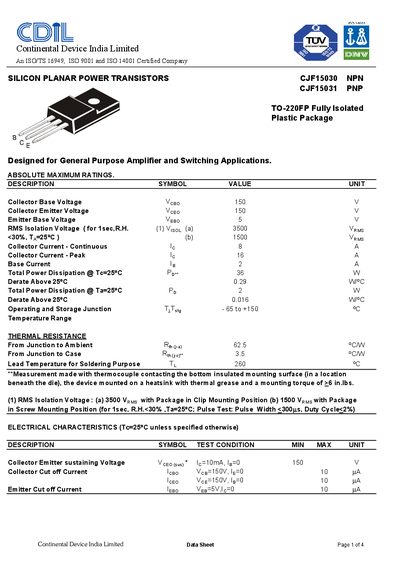 Continental Device CJF15030 Silicon Planar Power Transistor NPN Datasheet - cover page