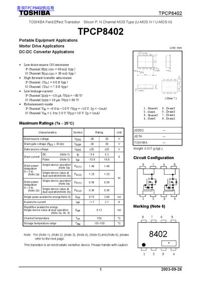 Toshiba TPCP8402 Field Effect Transistor Datasheet - cover page
