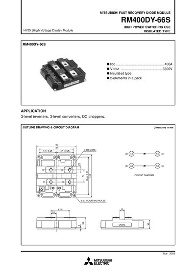 Mitsubishi Electric RM400DY-66S Fast Recovery Diode Module Datasheet - cover page