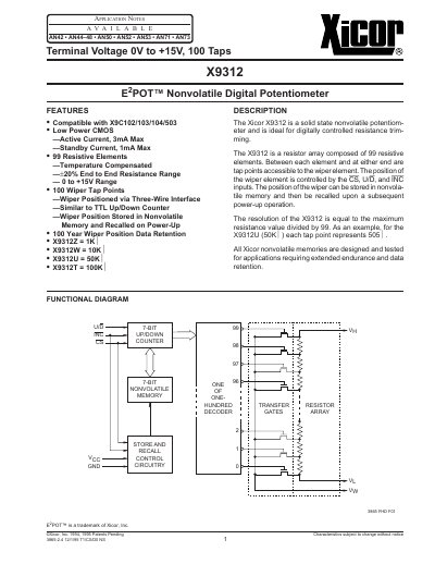 Xicor X9312 Digital Potentiometer Datasheet - cover page