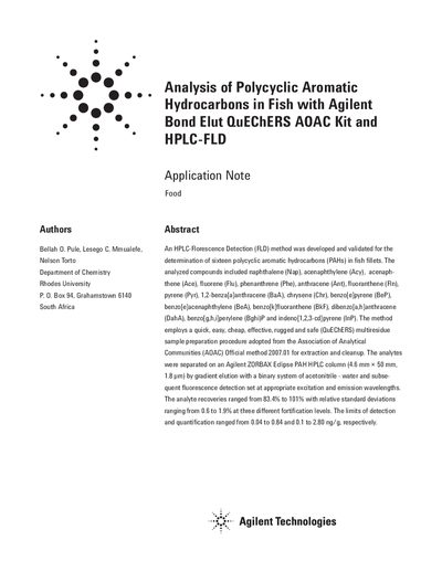 Analysis of Polycyclic Aromatic Hydrocarbons in Fish with Agilent Bond Elut QuEChERS AOAC Kit and HPLC-FLD Application N - cover page