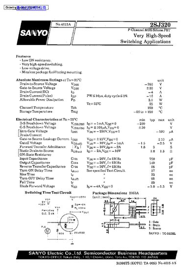 SANYO 2SJ320 P-Channel MOS Silicon FET Datasheet - cover page