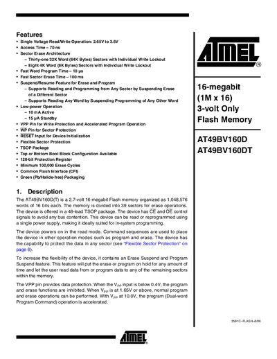 ATMEL 16-megabit (1M x 16) 3-volt Only Flash Memory AT49BV160D AT49BV160DT handbook - cover page