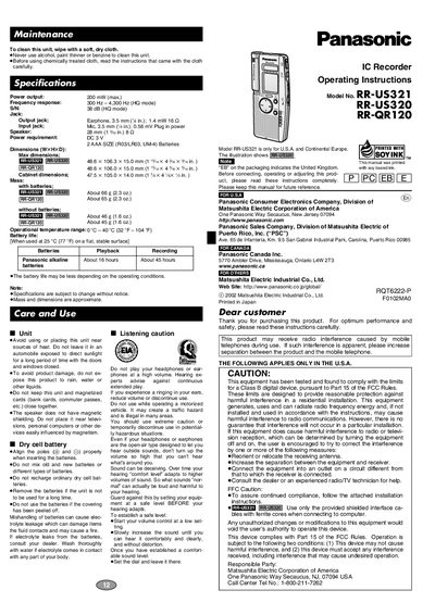 Panasonic RR-US320/RR-US321/RR-QR120 IC Recorder Operating Instructions - cover page