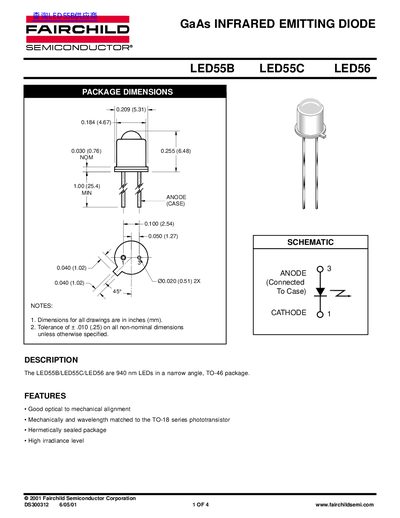 Fairchild LED55B/LED55C/LED56 GaAs Infrared Emitting Diode Datasheet - cover page