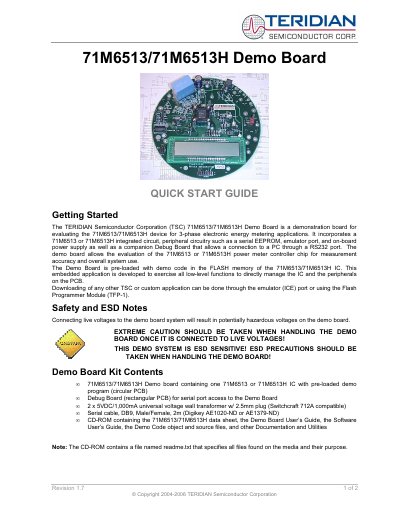 Teridian 71M6513/71M6513H Demo Board Quick Start Guide
