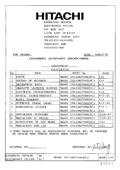HITACHI - RECORD OF REVISION DATE SHEET No. SUMMARY MAR.27. 98 7B64PS 2710-LMG7550XUFC-2 PAGE 10-3/5 - cover page