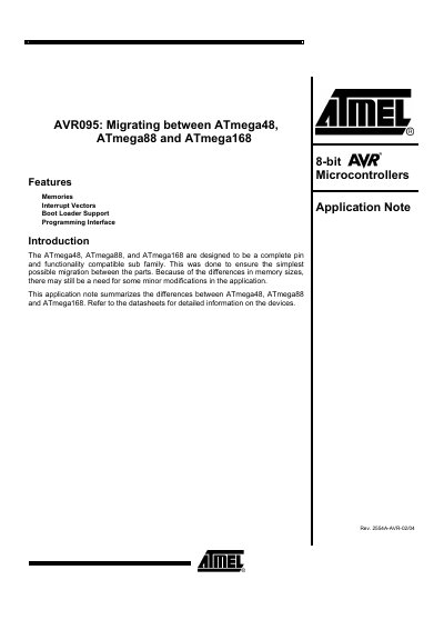ATmel AVR095 Migrating between ATmega48, ATmega88 and ATmega168 Application Note - cover page