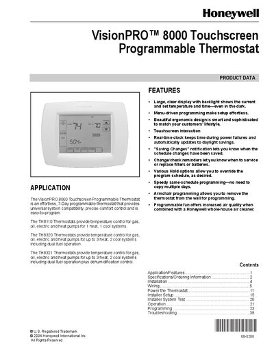 Honeywell VisionPRO 8000 Touchscreen Programmable Thermostat User Manual - cover page