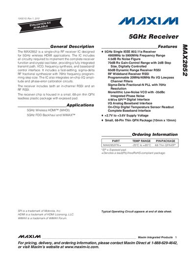 Maxim MAX2852 5GHz Receiver Datasheet - cover page