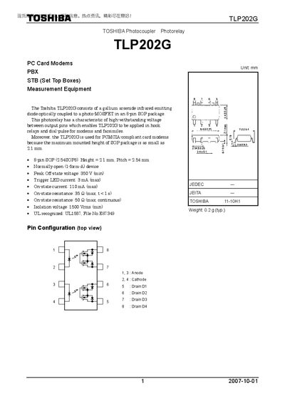 Toshiba TLP202G Photocoupler Photorelay Datasheet - cover page
