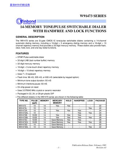 Winbond W91473 Series Tone/Pulse Switchable Dialer Datasheet - cover page