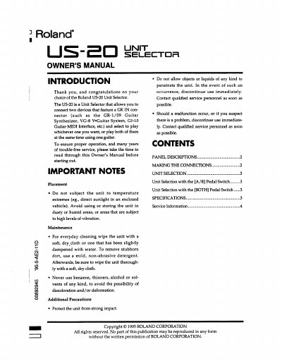 Roland US-20 Unit Selector Owner's Manual - cover page
