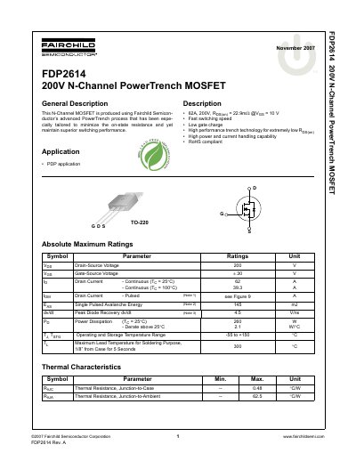 Fairchild FDP2614 200V N-Channel PowerTrench MOSFET Datasheet - cover page