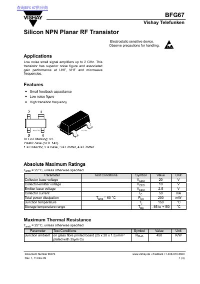 Vishay BFG67 Silicon NPN Planar RF Transistor Datasheet - cover page