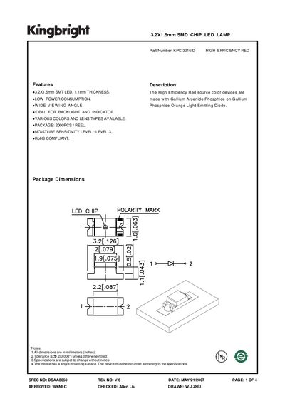 KINGBRIGHT -KPC-3216ID HIGH EFFICIENCY RED3.2X1.6mm SMD CHIP LED LAMP Manual - cover page