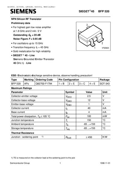 Siemens BFP 520 Datasheet - cover page