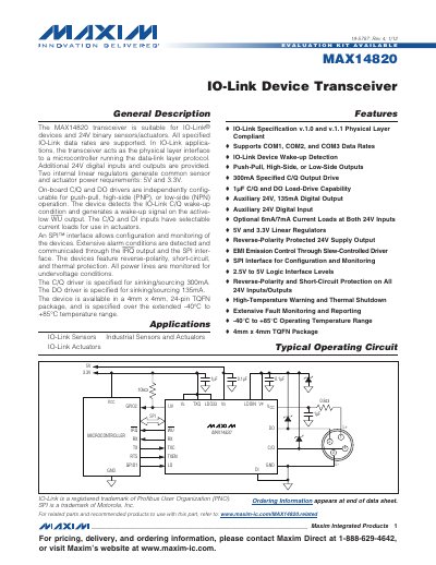 Maxim MAX14820 IO-Link Device Transceiver Datasheet - cover page