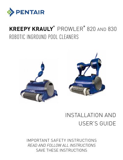 Pentair PROWLER 820 and 830 Robotic Inground Pool Cleaners Installation and User's Guide - cover page